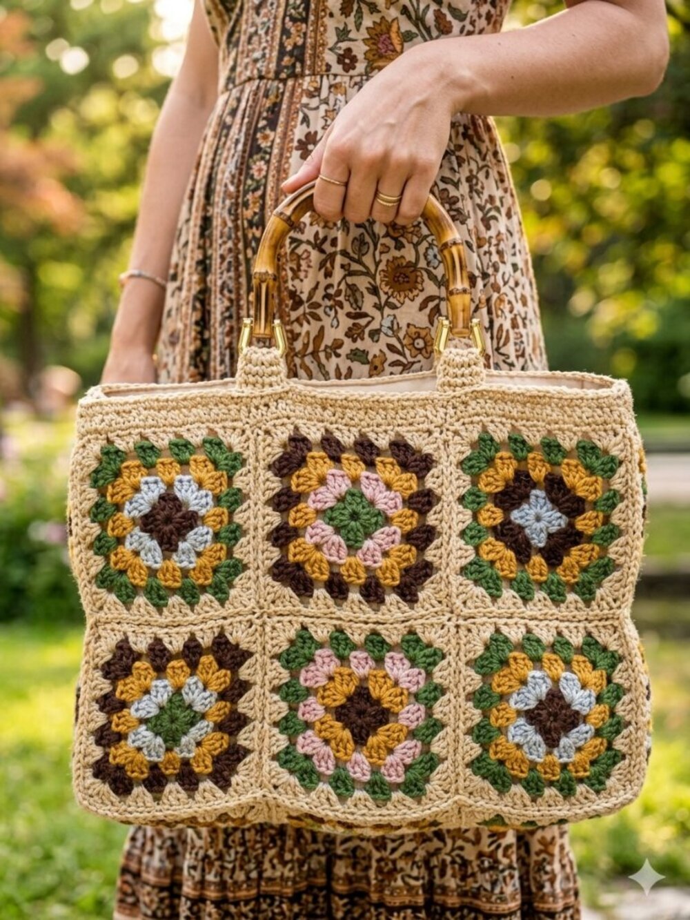 Boho Crochet Granny Square Tote w/ Bamboo Handles Colorful NWT - Picture 2 of 5